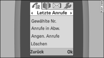 Menü Letzte Anrufe